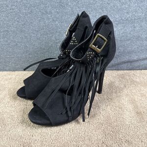 Hooked Black Fringe Suede Stilettos Heels Size 7.5 Gold Accent